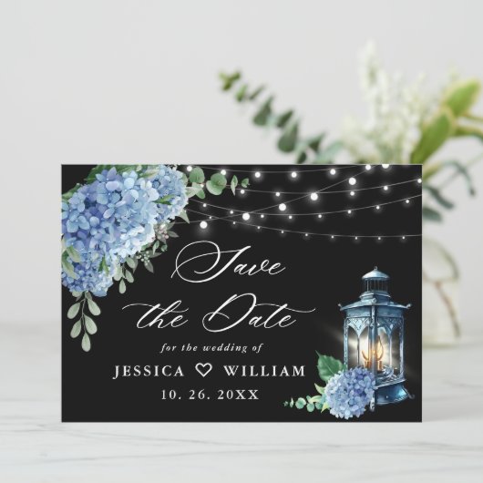 Blue Hydrangea Lantern Black Background Wedding Save The Date (Staand voorkant)