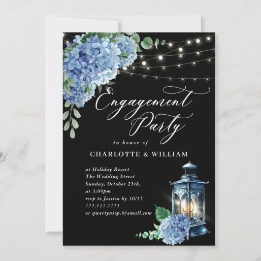 Blue Hydrangea Lantern Black Boho Engagement Party Kaart (Voorkant)