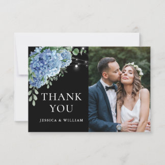 Blue Hydrangea Lantern Black Boho Photo Wedding Bedankkaart