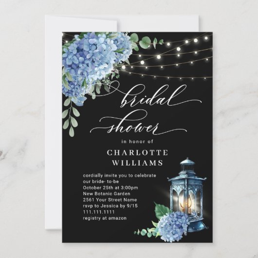 Blue Hydrangea Lantern Black Boho Vrijgezellenfees Kaart (Voorkant)