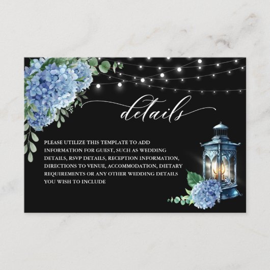Blue Hydrangea Lantern Black Boho Wedding Details Informatiekaartje (Voorkant)