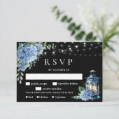Blue Hydrangea Lantern Black Boho Wedding RSVP Kaartje (Staand voorkant)