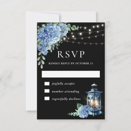 Blue Hydrangea Lantern Black Boho Wedding RSVP Kaartje (Voorkant)