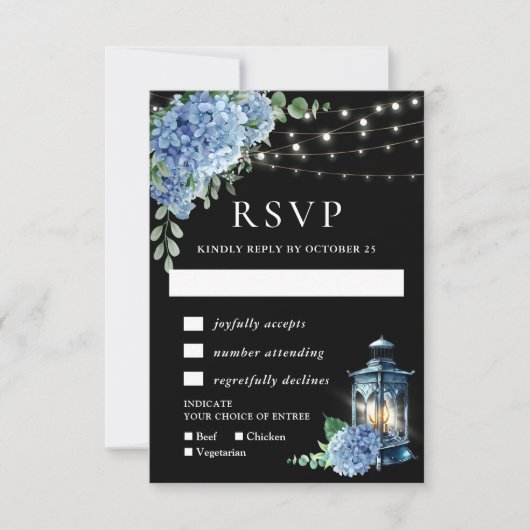 Blue Hydrangea Lantern Black Boho Wedding RSVP Kaartje (Voorkant)