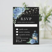 Blue Hydrangea Lantern Black Boho Wedding RSVP Kaartje (Staand voorkant)