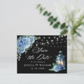 Blue Hydrangea Lantern Black Wedding Save the Date Briefkaart (Staand voorkant)