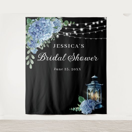 Blue Hydrangea Lantern Boho Vrijgezellenfeest Back Wandkleed (Voorkant)
