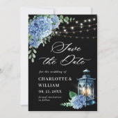 Blue Hydrangea Lantern Navy Black Wedding Save The Date (Voorkant)