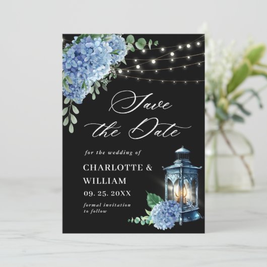 Blue Hydrangea Lantern Navy Black Wedding Save The Date (Staand voorkant)