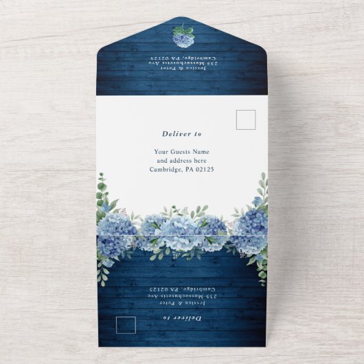 Blue Hydrangea Lantern Navy Wood Weddenschap All In One Uitnodiging (Buitenkant)