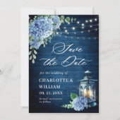 Blue Hydrangea Lantern Navy Wood Weddenschap Save The Date (Voorkant)