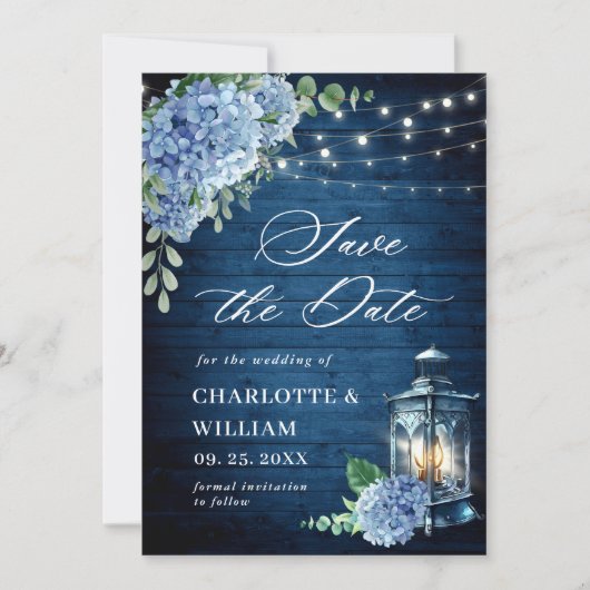 Blue Hydrangea Lantern Navy Wood Weddenschap Save The Date (Voorkant)