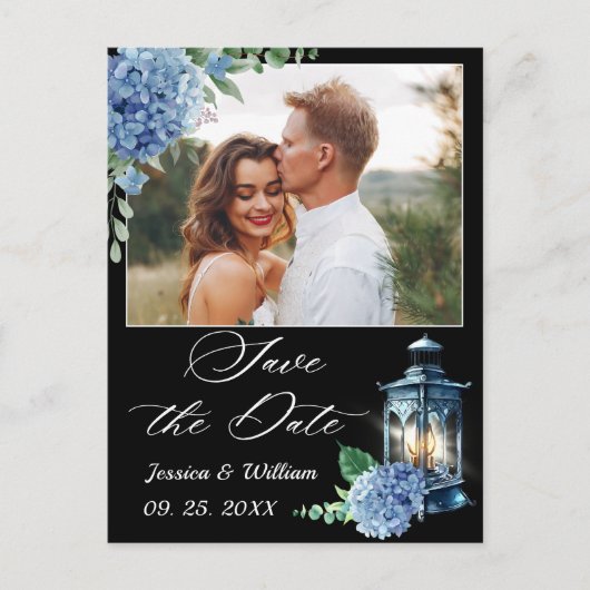Blue Hydrangea Lantern PHOTO Wedding Save the Date Briefkaart (Voorkant)