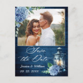 Blue hydrangea Lantern PHOTO Wedding Save the Date Briefkaart (Voorkant)