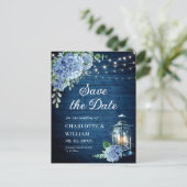 Blue Hydrangea Lantern Wedding Save the Date Briefkaart (Staand voorkant)