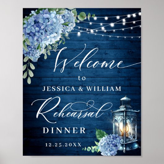 Blue Hydrangea Lantern Wood Boho Rehearsal Dinner Poster (Voorkant)