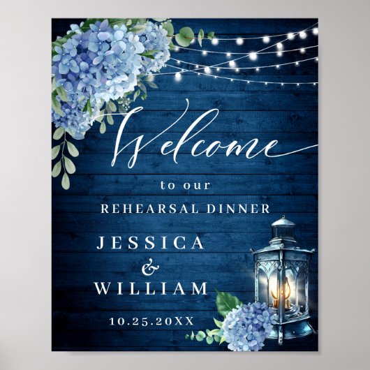 Blue Hydrangea Lantern Wood Boho Rehearsal Dinner Poster (Voorkant)