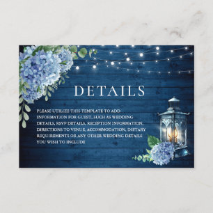 Blue Hydrangea Lantern Wood Weddenschap Details Informatiekaartje