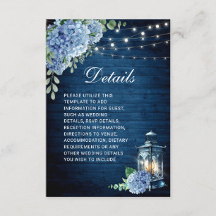 Blue Hydrangea Lantern Wood Weddenschap Details Informatiekaartje