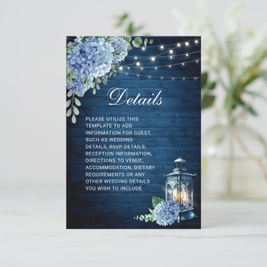 Blue Hydrangea Lantern Wood Weddenschap Details Informatiekaartje (Staand voorkant)