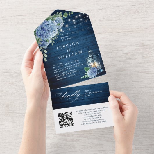 Blue Hydrangea Lantern Wood Wedding QR code All In One Uitnodiging (Afscheurbaar)