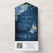 Blue Hydrangea Lantern Wood Wedding QR code All In One Uitnodiging (Binnen)