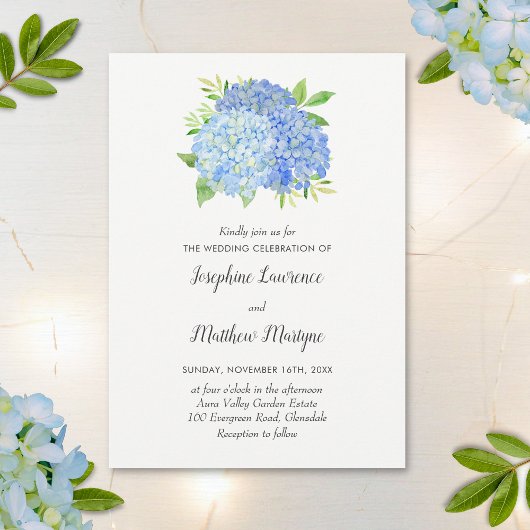 Blue Hydrangea Leaves Floral Waterverf Wedding Kaart