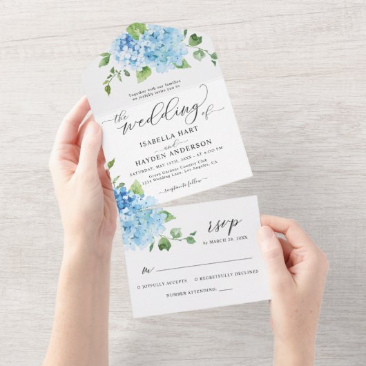 Blue Hydrangea Light Floral Botanical Wedding All In One Uitnodiging (Afscheurbaar)