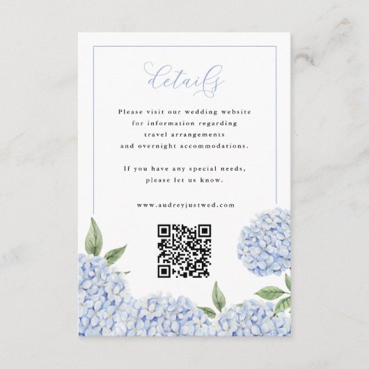 Blue Hydrangea Lijst Script Details QR Code Small Informatiekaartje (Voorkant)