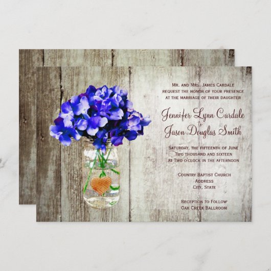 Blue Hydrangea Mason Jar Invitations de mariage (Devant / Derrière)