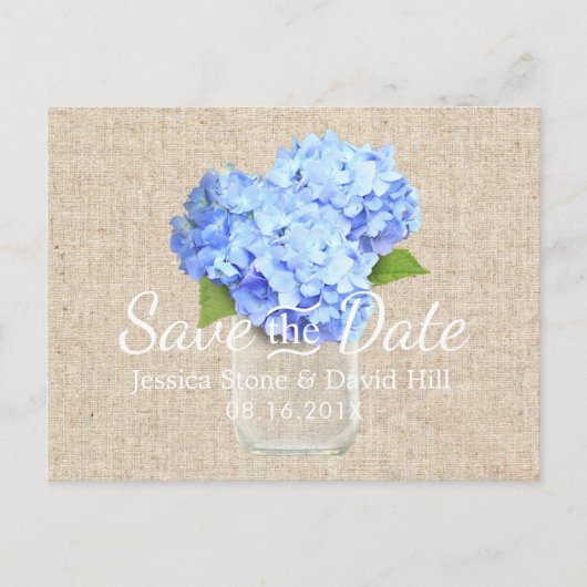 Blue Hydrangea Mason Jar Wedding Save the Date Aankondigingskaart (Voorkant)