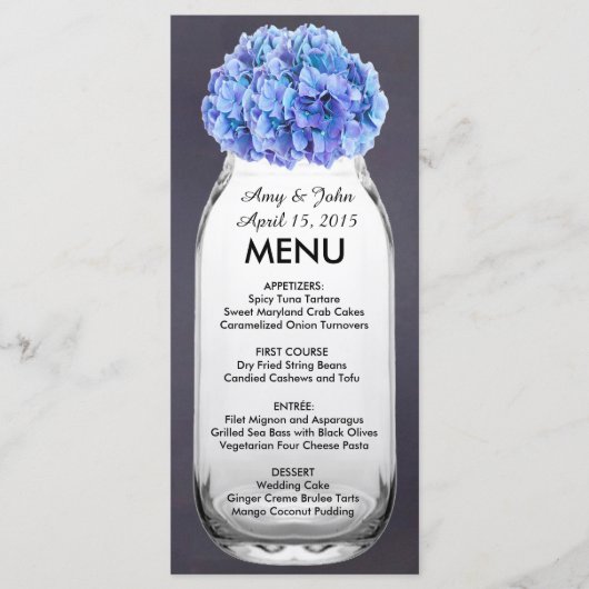 Blue hydrangea mason jarre mariage menu hydrangea7 (Devant)