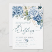 Blue Hydrangea Modern Script Bloemen Huwelijk Kaart (Voorkant)