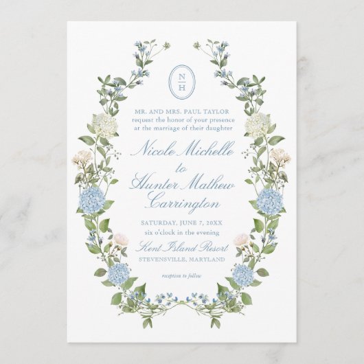 Blue Hydrangea Monogram Crest Wedding Invitation (Devant)