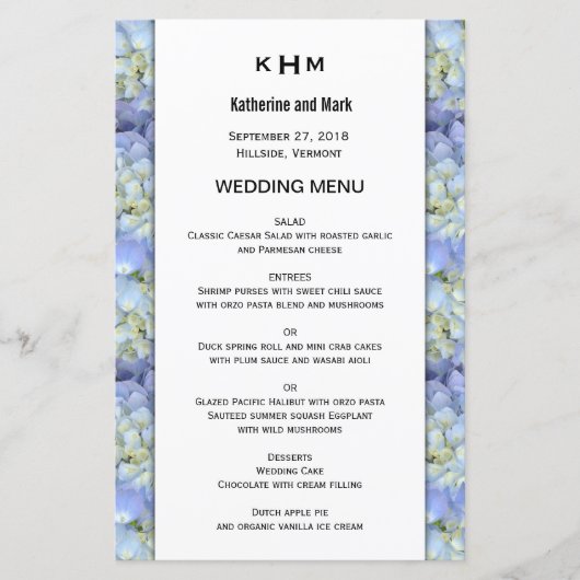 Blue Hydrangea Monogram Mariage Menu Modèle (Devant)