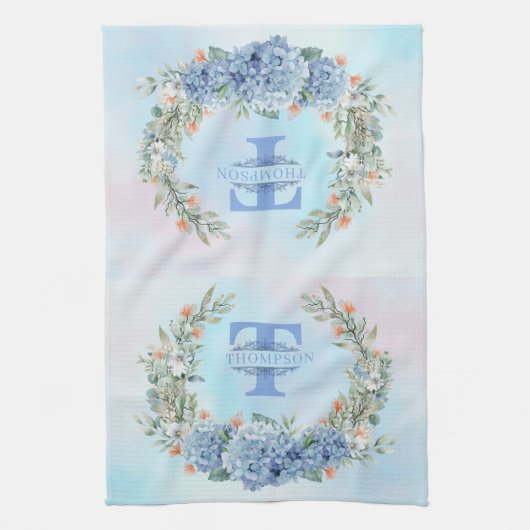 Blue Hydrangea Monogram Serviette de cuisine (Vertical)