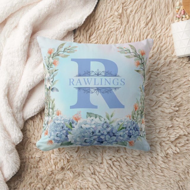 Blue Hydrangea Monogram Sierkussen (Deken)