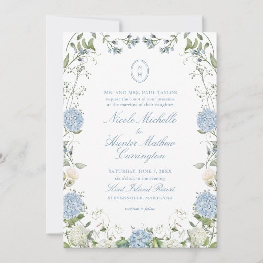 Blue Hydrangea Monogram Wedding Crest Invitation (Devant)