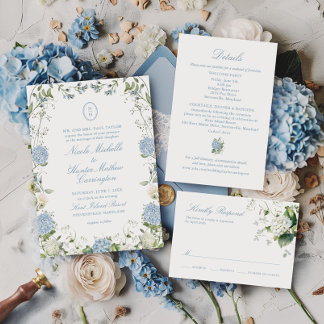 Blue Hydrangea Monogram Wedding Crest Invitation Kaart