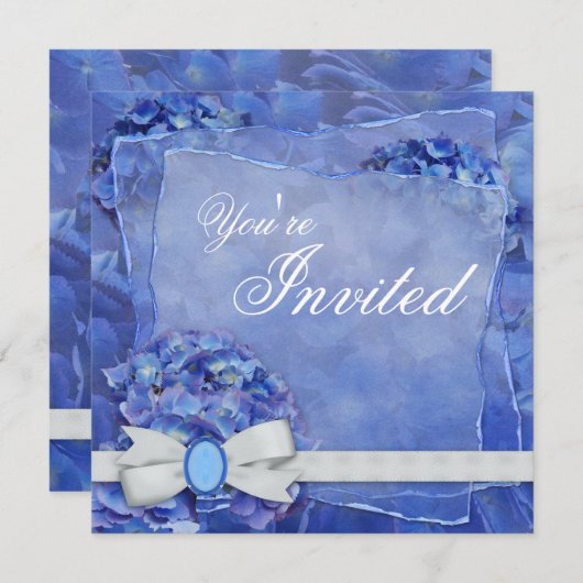 Blue Hydrangea Party Invitation Modèle (Devant / Derrière)