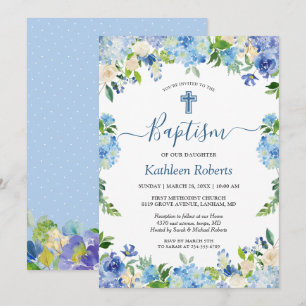 Blue Hydrangea Pastel Floral Baptism Christening Kaart
