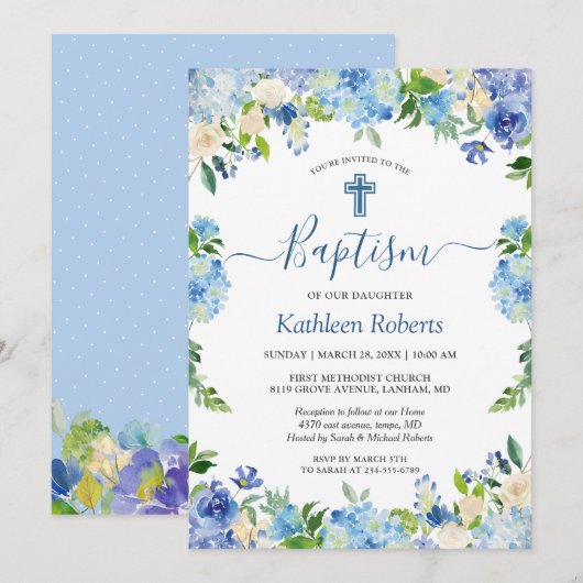 Blue Hydrangea Pastel Floral Baptism Christening Kaart (Voorkant / Achterkant)