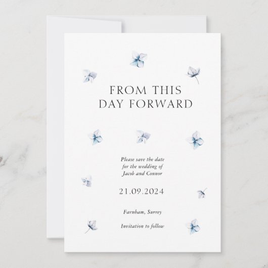 Blue Hydrangea Petal Wedding Save the Date Kaart (Voorkant)