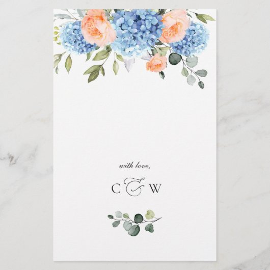 Blue Hydrangea Pink Blush Rose Menu Mariage (Dos)