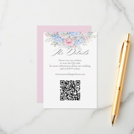 Blue Hydrangea Pink Floral Wedding Website QR Code Informatiekaartje (Voorkant / Achterkant in situ)