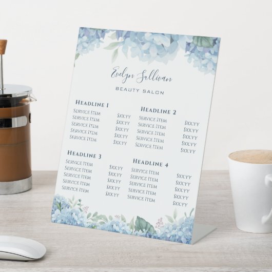 Blue hydrangea Price List Pedestal Sign Reclamebord Met Voetstuk (Insitu)