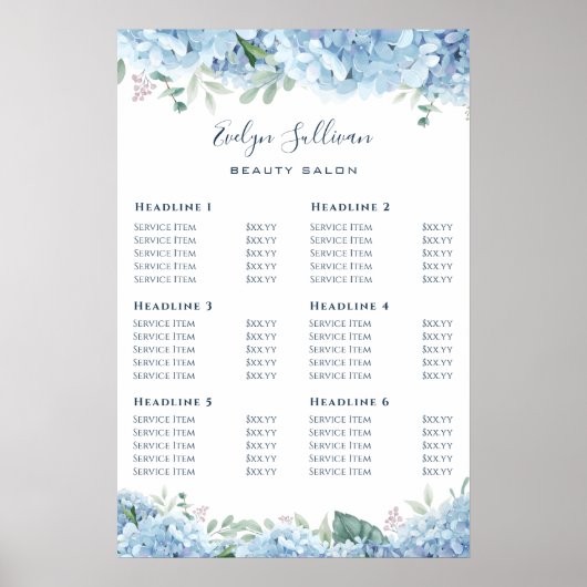 Blue Hydrangea Price List Poster (Voorkant)