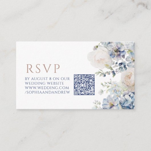 Blue Hydrangea & Roos bruiloft QR Code RSVP Informatiekaartje (Voorkant)