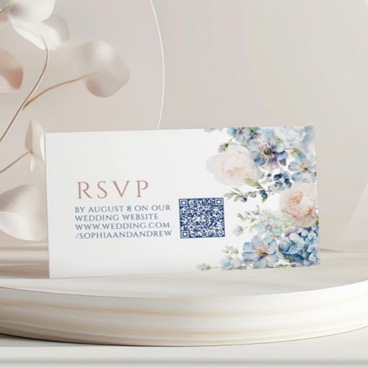 Blue Hydrangea & Roos bruiloft QR Code RSVP Informatiekaartje