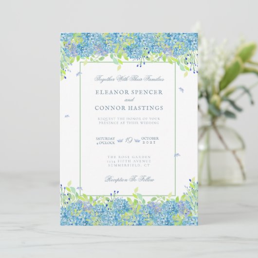 Blue Hydrangea Sophisticated Wedding Kaart (Staand voorkant)